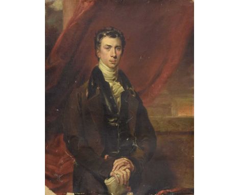 Circle of Thomas Phillips, (1770-1845) - Oil on paper, laid down onto canvas - Portrait of a young gentleman, depicted half l