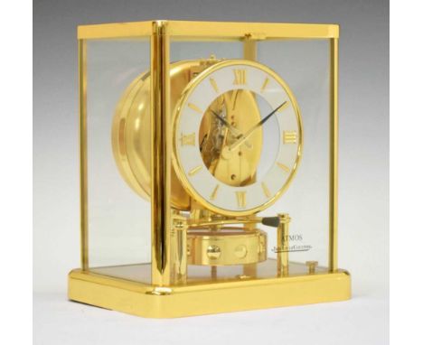 Jaeger Le Coultre Atmos mantel clock, 681955, white chapter ring with baton hours and Roman quarters, in lacquered brass and 