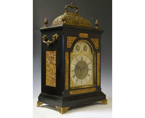 Victorian ebonised triple fusee table clock, anonymous, circa 1880-90, the silvered chapter ring with Roman hours and Arabic 