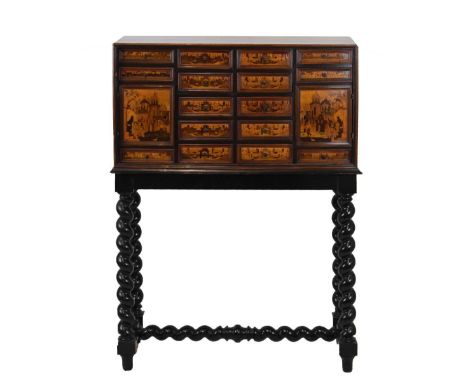 South German marquetry cabinet on stand, of 'Nonsuch' type, first half 18th Century, probably Augsburg, fitted with two cupbo
