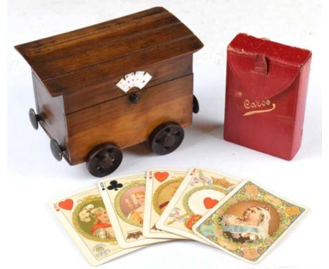 Railway Interest - Late Victorian walnut novelty playing card box, modelled as a train tender with planked roof and car suit 