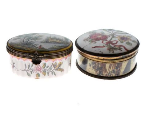 Two enamel boxes circa 1800, the first oval, with waterside scene, fluted body with floral decoration, 6.5cm wide, the second