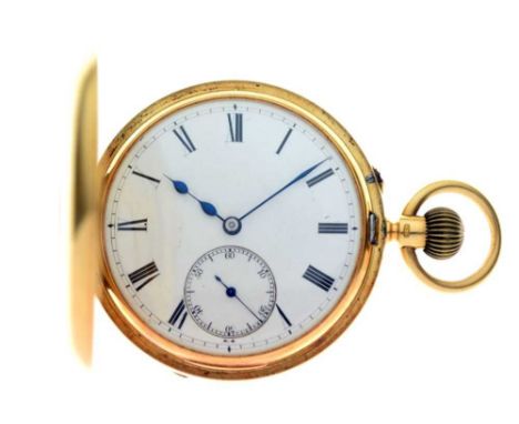 Victorian 18ct gold half-hunter pocket watch, white Roman dial with subsidiary at VI, crown-wind movement engraved 29781, Lon