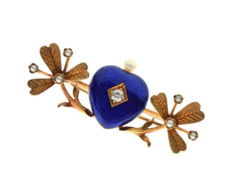 Edwardian diamond, seed pearl and enamel sentimental brooch, the blue enamel heart set with a diamond and a pearl (untested a