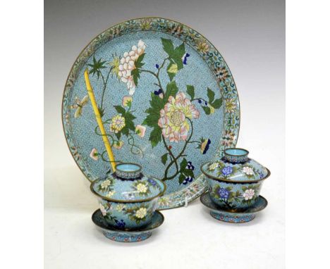 20th Century Chinese cloisonne enamel circular tray decorated with flowering plants, a butterfly and bamboo on turquoise grou