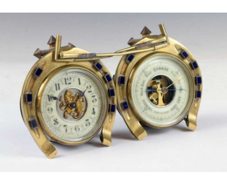 Equestrian Interest - Early 20th Century combination desk clock and barometer, comprising a timepiece with cream Arabic chapt