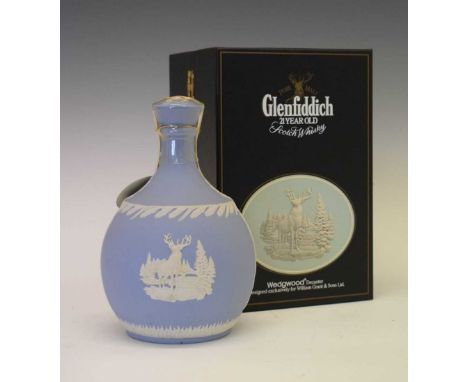 Glenfiddich 21 years Old Single Speyside Malt Scotch Whisky, in a blue Wedgwood decanter decorated with the Glenfiddich stag 