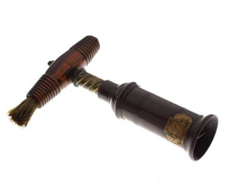 Early 19th Century Dowler Patent corkscrew, the ring-turned wooden handle with brush, over double action spiral threads, the 