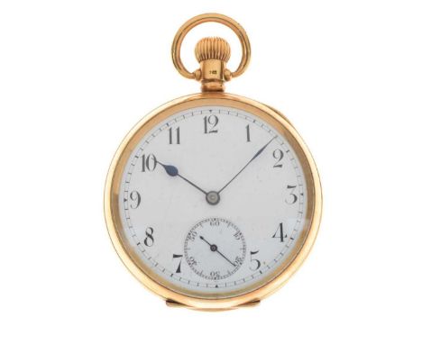 18ct open-face pocket watch, the signed white enamel dial with black Arabic numerals, subsidiary seconds dial and blued steel