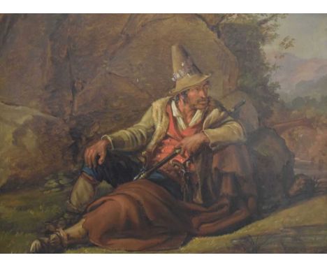 Italian School c.1825 - Oil on canvas - 'Fra Diavolo', - Portrait of a seated male figure by a rock, 42cm x 56cm, later frame