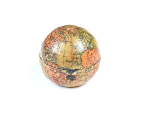 Late 19th Century terrestrial pocket globe and portable inkwell, with 12 lithographed globe gores laid on a metal sphere, spl