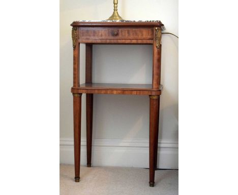 Late 19th or early 20th Century French inlaid walnut two-tier etagere, with inset veined marble top over single frieze drawer