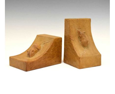 Workshop of Robert 'Mouseman' Thompson, - Pair of late 20th Century English oak bookends with adzed surface and carved mouse 