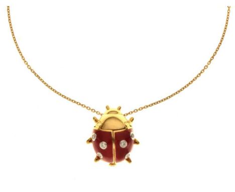 18ct gold, diamond and enamel ladybird brooch pendant, the hinged back set with six brilliant cut diamonds, opening to reveal