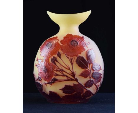 Gallé – Cameo glass flask vase, with 'eye-bath' neck, red glass overlaid on frosted citron body, cut with roses, cameo Gallé 