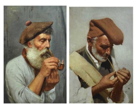 Salvatore Maresca, (Italian, circa 1900) - Oil on board - Pair of studies of pipe smokers, both signed lower right, 37.5cm x 