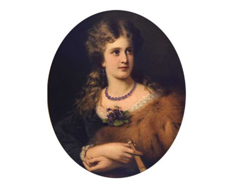 Anton Ebert (1845-1896) - Oil on canvas - Oval portrait of a lady, wearing a purple bead necklace and posy of flowers, perhap
