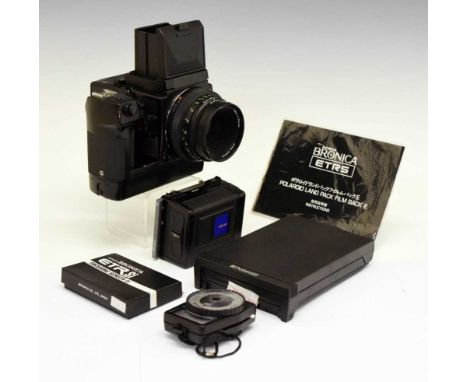 Zenza Bronica ETRsi camera, serial no 7309622, having a Zenzanon EII 1:2.8 f=75mm lens, together with a Polaroid Land Pack Fi