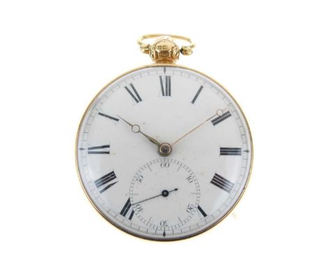 Christopher Rowlands, London, - 18ct gold open face pocket watch, London 1826, unsigned white enamel dial with black Roman nu