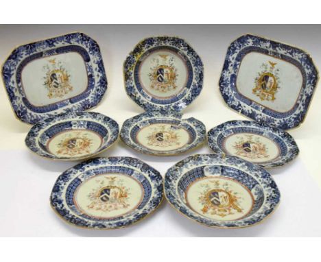 Late 18th Century Chinese blue and white export armorial part dinner service, comprising two rectangular serving plates, thre