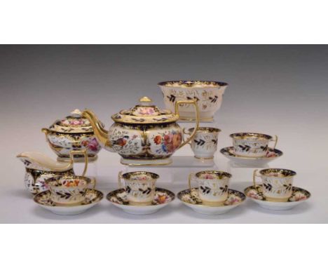 Early 19th Century Coalport part-tea service, pattern 759, painted with panels of birds and floral bouquets against a richly 