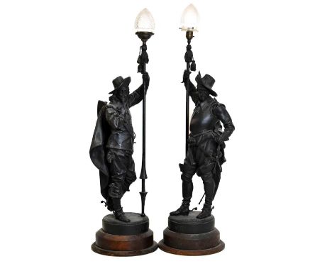 After Auguste Poitevin (France 1819-1873) - Large pair of spelter figures modelled as a standing Cavalier and Roundhead, late