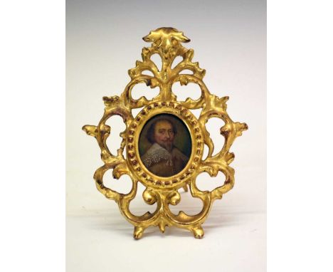 Mid 17th Century oval portrait miniature, oil on copper, possibly King Charles I, 5cm x 3.7cm, in giltwood foliate scroll fra