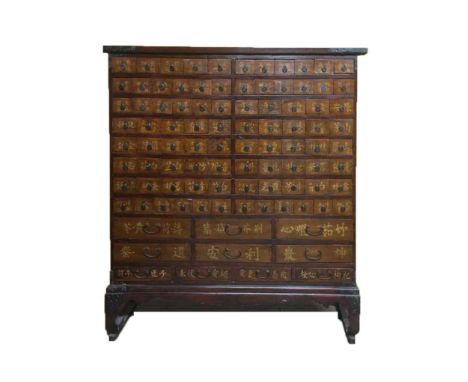 Chinese provincial Apothecary cabinet or herbal medicine chest, 19th Century, in stained softwood, having a metal-bound recta