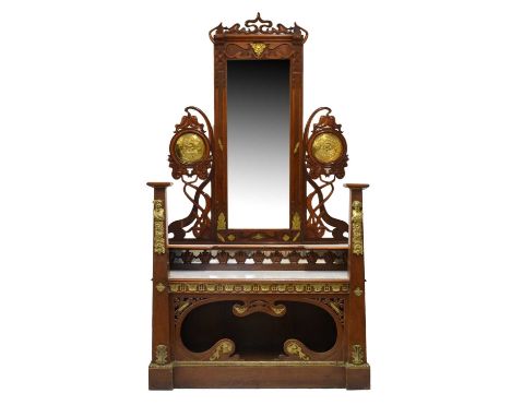 Art Nouveau exhibition quality console or dressing table, the superstructure with whiplash cresting and central bevelled rect