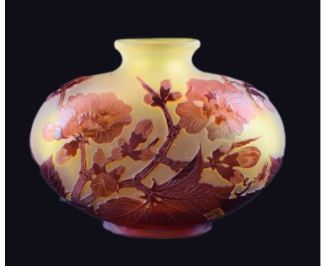 Gallé – Cameo glass footed flask vase, with flared neck, red glass overlaid on citron frosted body, cut with blossom, cameo G