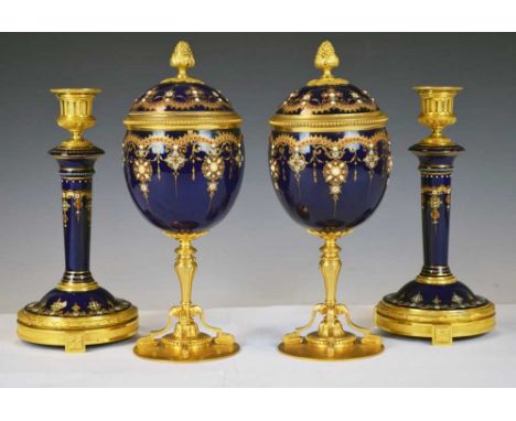 19th Century French pair of gilt metal and enamel pedestal cups and covers, gilded and ‘jewelled’ , in the Renaissance Reviva