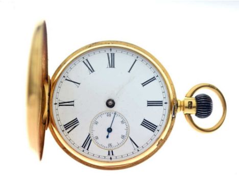 Victorian 18ct gold half-hunter pocket watch, white Roman dial with subsidiary at VI, crown-wind movement stamped DF &amp; Co