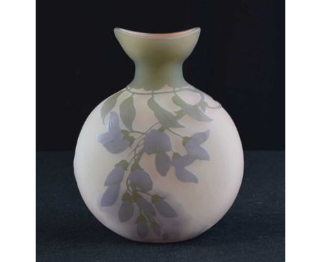 Galle - Cameo glass flask vase, with 'eye-bath' neck, lilac and grey glass overlaid on frosted pink, decorated with trailing 