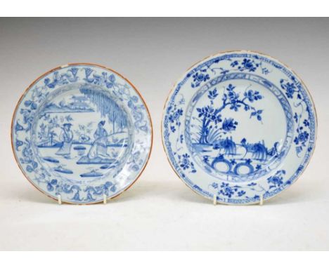 Two 18th Century Liverpool-attributed English Delftware plates, circa 1740, the first painted in blue with two cockerels bene