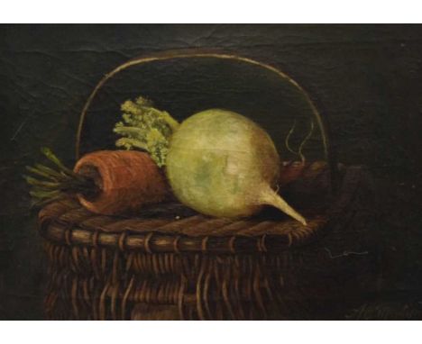 Alfred Mortimer - Oil on canvas - Still-life with hamper and vegetables, signed lower right, 23.5cm x 33.5cm. gilt framed