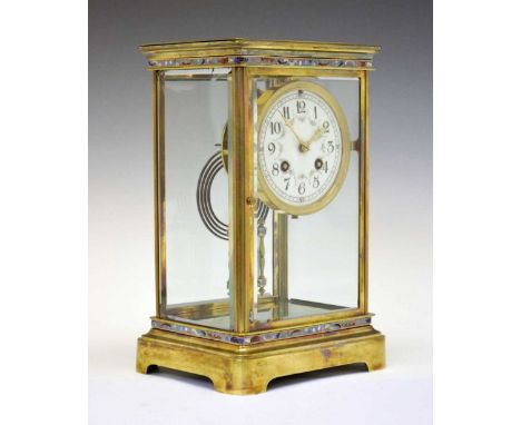 19th Century French brass and champlevé enamel four-glass mantel clock, Samuel Marti, Paris, the white Arabic dial with flora