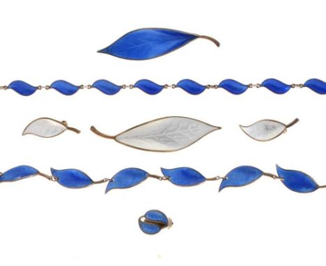 Blue enamel necklace by Aksel Holmsen, Norway, 38cm long; a David Andersen blue enamel leaf bracelet, 18.5cm long; a similar 