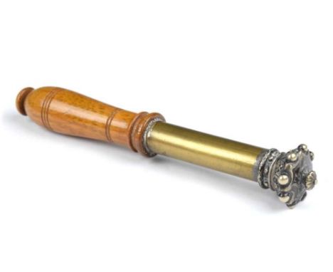19th Century brass and treen tipstaff, the tubular brass shaft with Earl's coronet (eight 'pearls') terminal, 20cm long overa