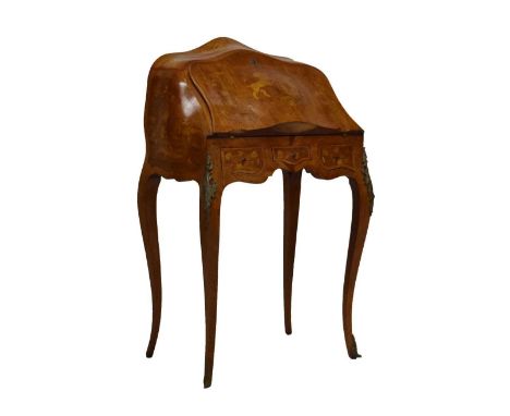 Early 20th Century lady's walnut and marquetry bombé bureau-de-dame, the humped foliate scroll-inlaid top over conforming hin