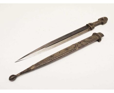 Caucasian silver niello kindjal, 34cm single fullered double-edged blade, characteristic hilt chiselled with foliage within b