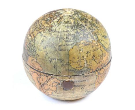 Late 19th Century terrestrial pocket globe and portable inkwell, with 13 lithographed globe gores laid on a metal sphere, spl