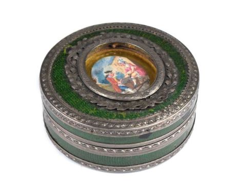 Erotica - French tortoiseshell, green lacquer and white metal snuff box, circa 1800, of circular form with push-on cover, cen