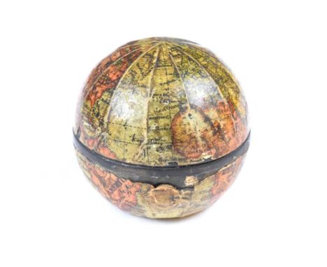 Late 19th Century terrestrial pocket globe and portable inkwell, with 13 lithographed globe gores laid on a metal sphere, spl