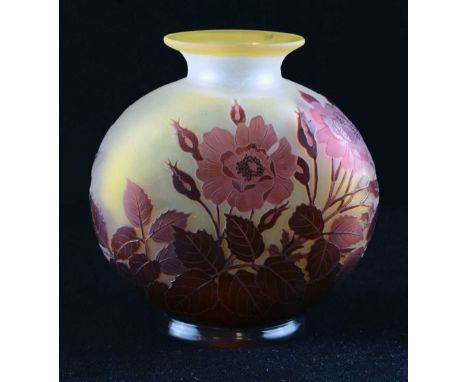 Gallé – Cameo glass footed flask vase, with flared neck, red glass overlaid on citron tinted frosted body, cut with roses, ca