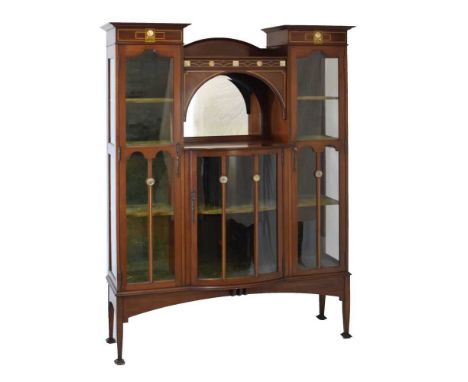 Shapland &amp; Petter of Barnstaple - Art Nouveau mahogany and abalone inlaid display cabinet, the top centred with an arched