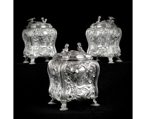 Set of George II silver tea canisters and sugar box in fitted ebonised case, comprising a pair of tea caddies and an ensuite 