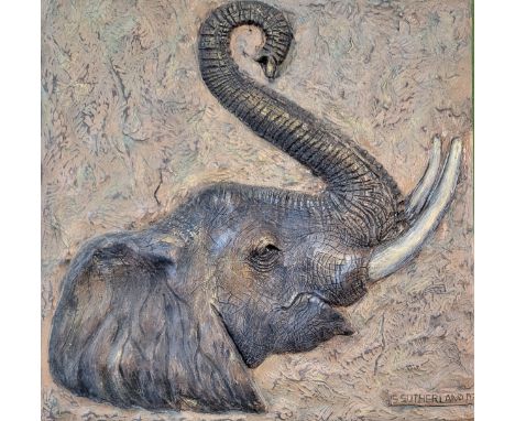 Clay African elephant wall tile. signed S.Sutherland 07. 40cm x 40cm.
