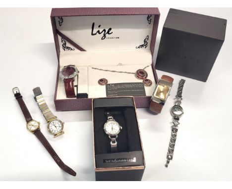 A selection of six ladies watches including Mappin &amp; Webb, Baume Mercer, and Gucci (2), chrome finish, boxed, and Lize Co
