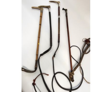 Three riding whips including one Swaine bone handled whip with monogramed silver collar (BMF) and a second silver collar, Lon