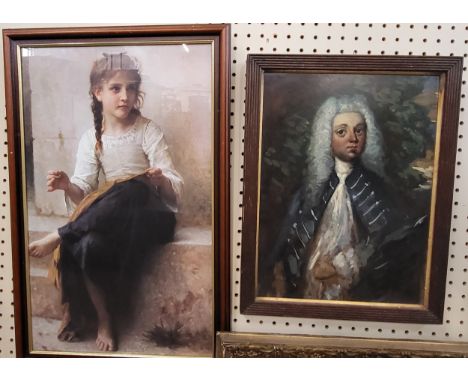 A print of a young girl sewing, glazed and framed, 67cm x 44cm including frame, and a portrait of a gentleman wearing a blue 